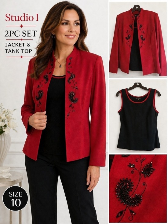 Studio I Jackets & Blazers - Studio I 2 Piece Red Black Embellished Paisley Jacket & Tank Set Size 10 Career